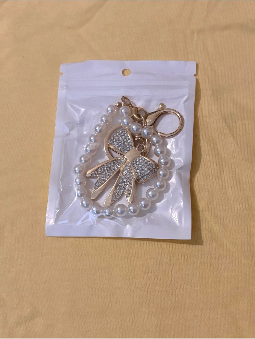 Gold Pearl Bow Wristlet Keychain W/ Clip & Lipgloss Holder NWT